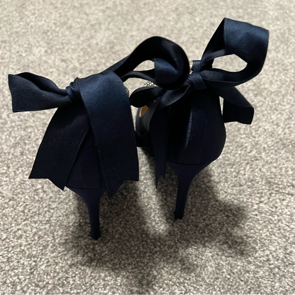 Nina Karen Luster Navy Blue Peep Toe Pumps Heels Rhinestone Ankle Strap Bow, 7.5 - Picture 2 of 4